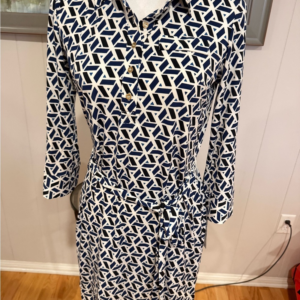 Donna Morgan Navy and White Patterned Dress